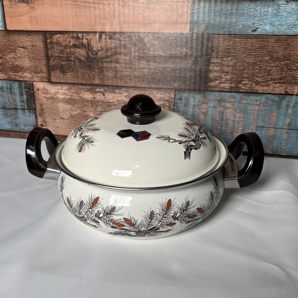 Vintage Enamel Cooking Bean Pots With Lids Douglas Fir Pine Cone Design